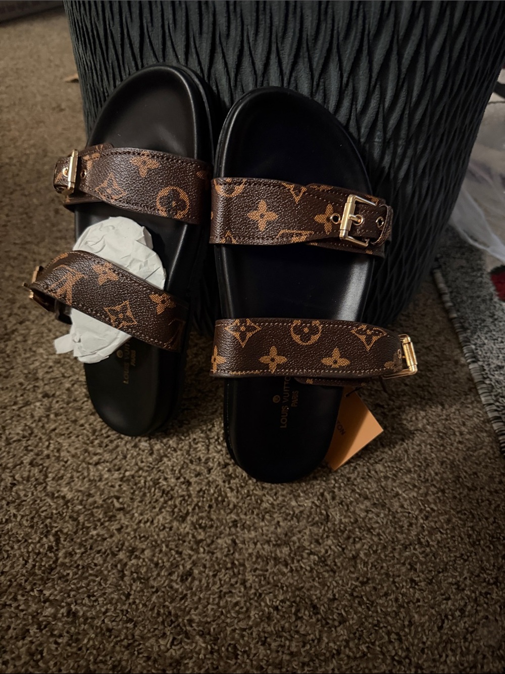 Louis Vuitton Brown Monogram Buckle Slide Sandals